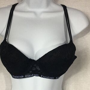Bebe Medium heavily padded strappy bra criss cross black covered with lace 32”